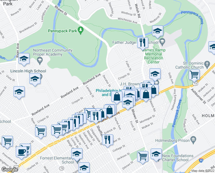 map of restaurants, bars, coffee shops, grocery stores, and more near 3404 Decatur Street in Philadelphia