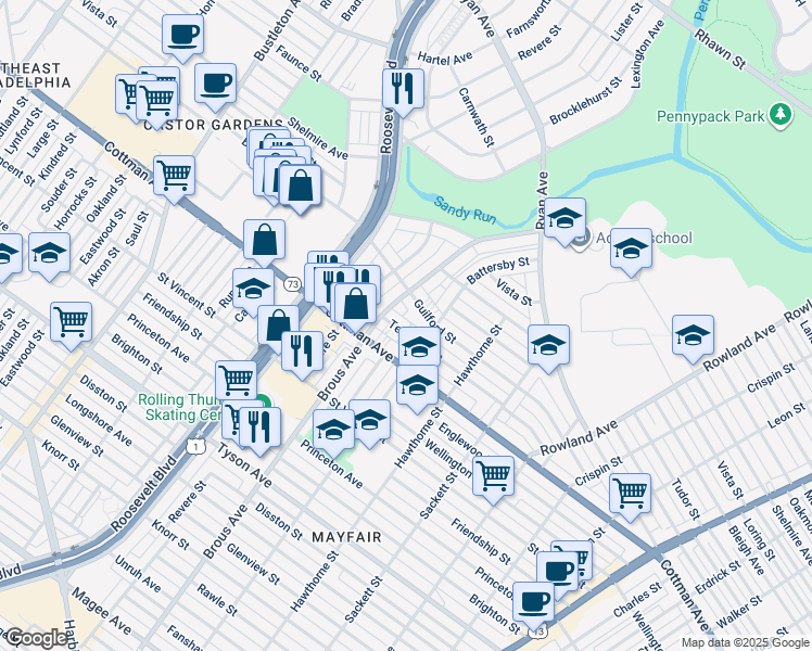 map of restaurants, bars, coffee shops, grocery stores, and more near 2917 Teesdale Street in Philadelphia