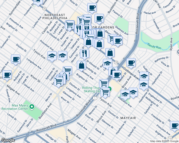 map of restaurants, bars, coffee shops, grocery stores, and more near 2158 Friendship Street in Philadelphia