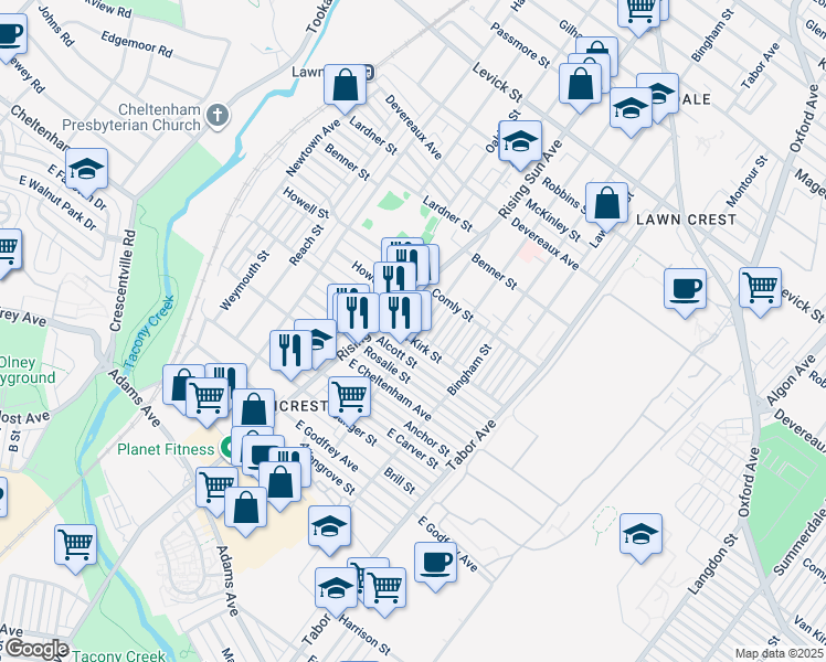 map of restaurants, bars, coffee shops, grocery stores, and more near 5906 Colgate Street in Philadelphia