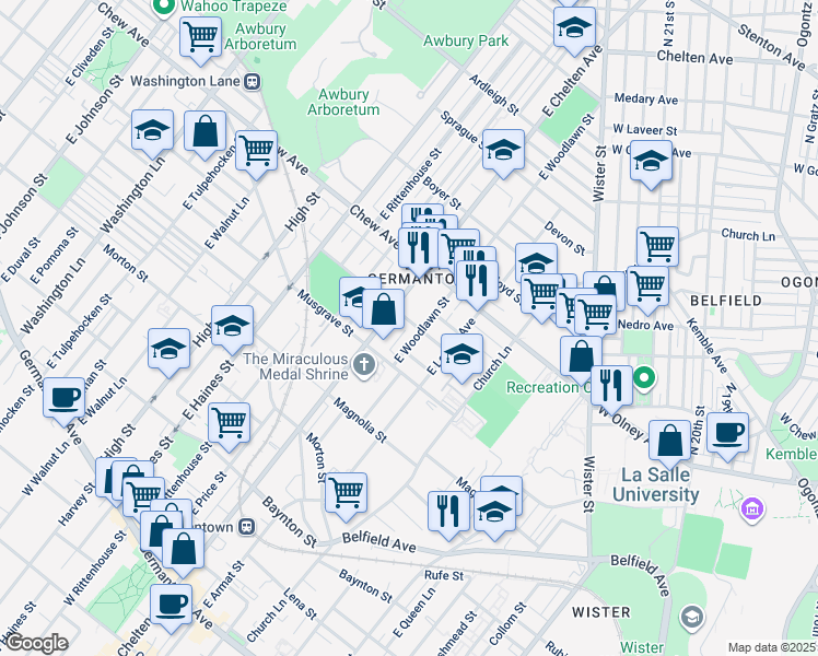 map of restaurants, bars, coffee shops, grocery stores, and more near 5644 McMahon Street in Philadelphia