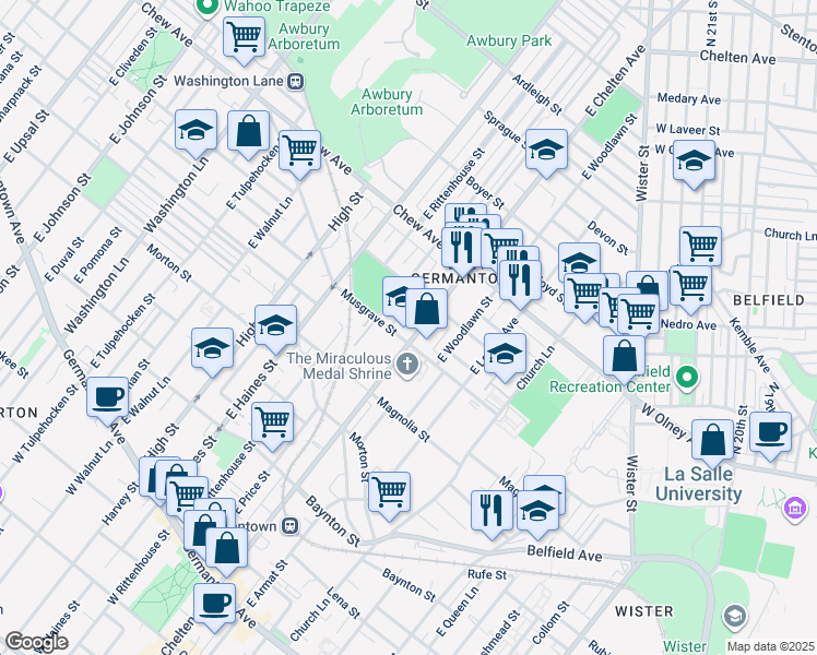 map of restaurants, bars, coffee shops, grocery stores, and more near 611 East Chelten Avenue in Philadelphia