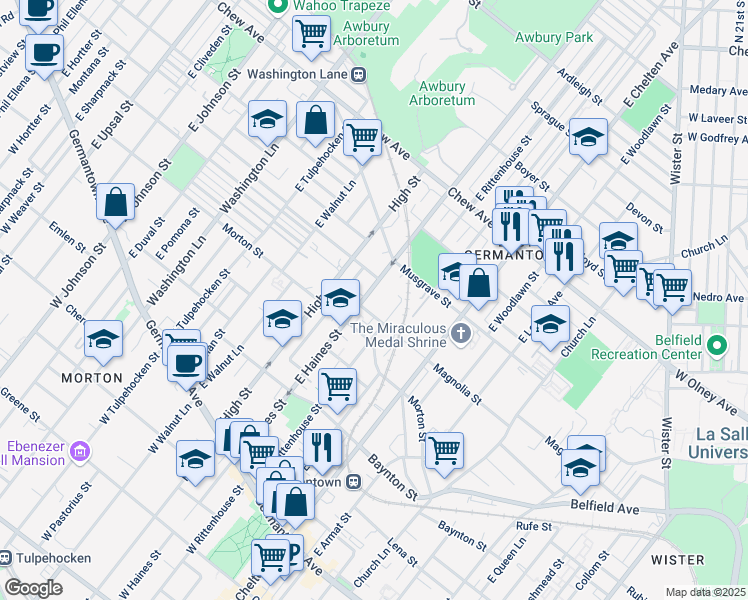 map of restaurants, bars, coffee shops, grocery stores, and more near 442 East Haines Street in Philadelphia