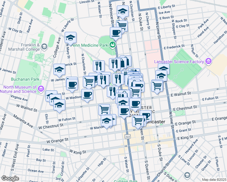 map of restaurants, bars, coffee shops, grocery stores, and more near 359 North Arch Street in Lancaster