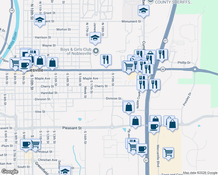 map of restaurants, bars, coffee shops, grocery stores, and more near 1832 Cherry Street in Noblesville
