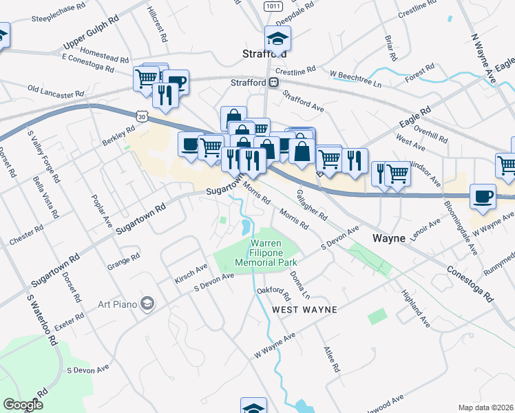 map of restaurants, bars, coffee shops, grocery stores, and more near 421 Morris Road in Strafford