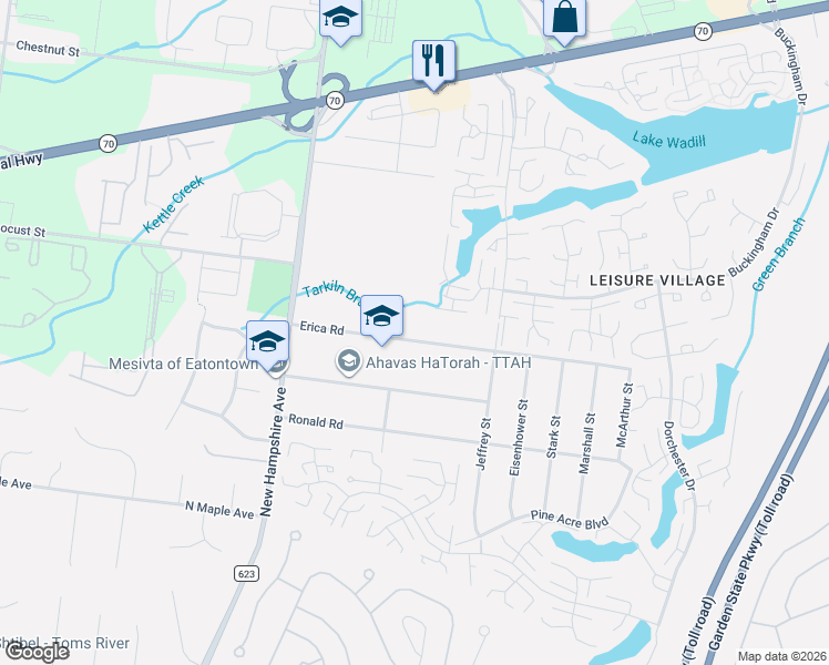 map of restaurants, bars, coffee shops, grocery stores, and more near 105 Erica Road in Lakewood