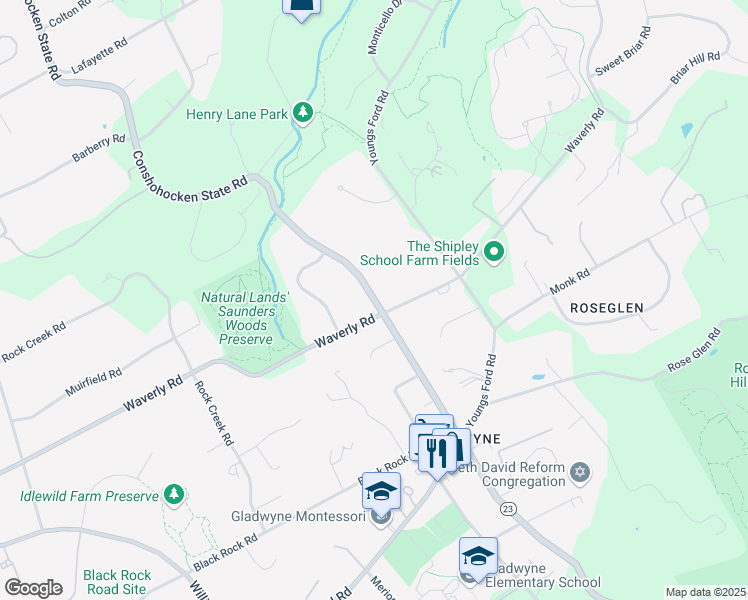 map of restaurants, bars, coffee shops, grocery stores, and more near Pennsylvania 23 in Gladwyne