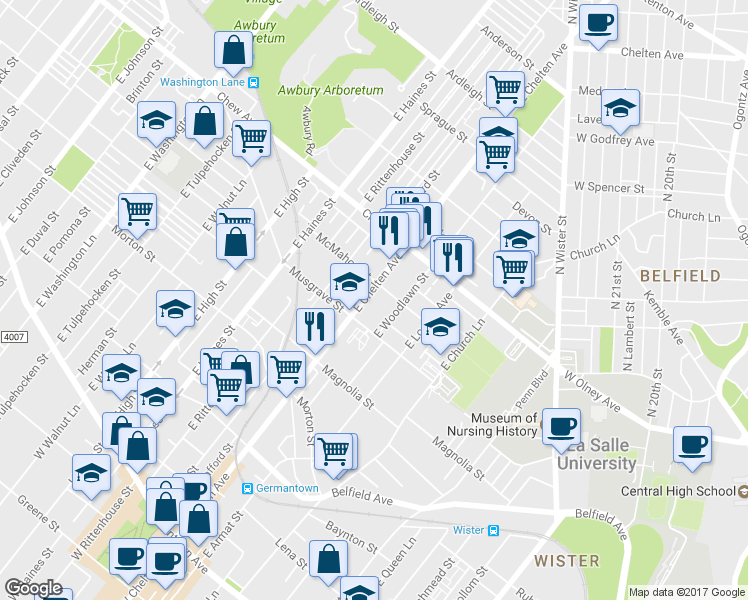 map of restaurants, bars, coffee shops, grocery stores, and more near 638 East Chelten Avenue in Philadelphia
