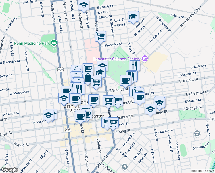 map of restaurants, bars, coffee shops, grocery stores, and more near 315 North Lime Street in Lancaster