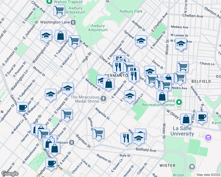 map of restaurants, bars, coffee shops, grocery stores, and more near 638 East Chelten Avenue in Philadelphia