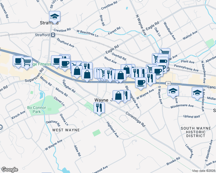 map of restaurants, bars, coffee shops, grocery stores, and more near 330 Lancaster Avenue in Wayne