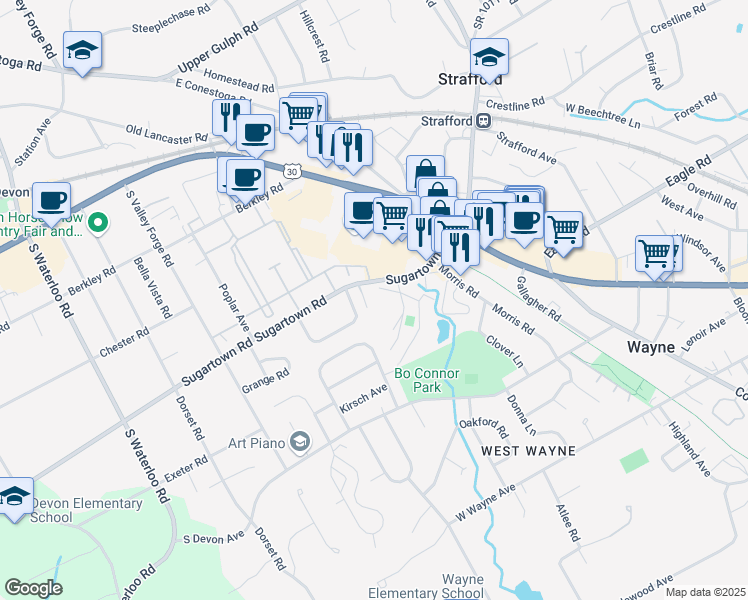 map of restaurants, bars, coffee shops, grocery stores, and more near 289 Sugartown Road in Wayne
