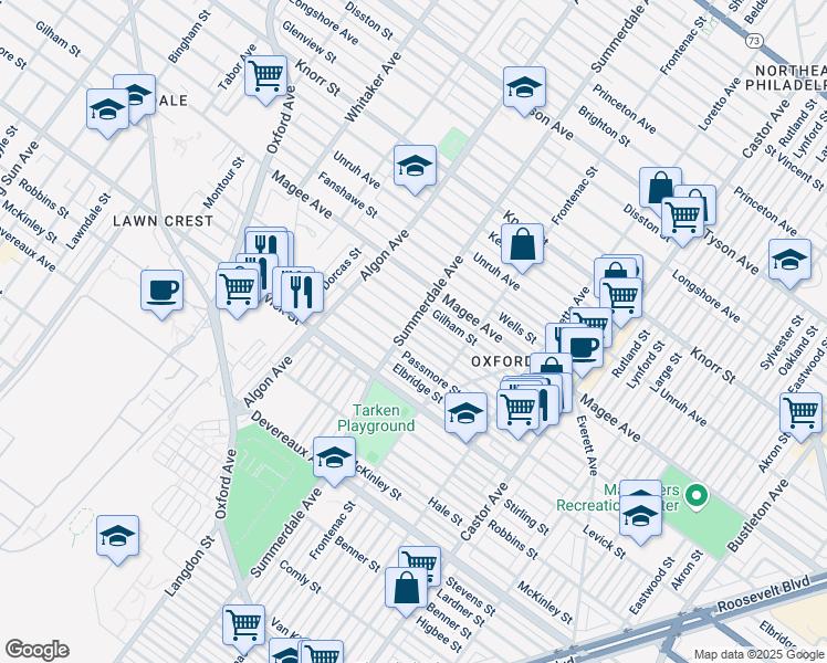 map of restaurants, bars, coffee shops, grocery stores, and more near 1201 Hellerman Street in Philadelphia