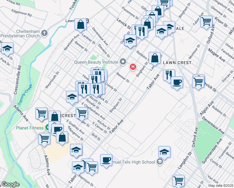 map of restaurants, bars, coffee shops, grocery stores, and more near 561 East Comly Street in Philadelphia