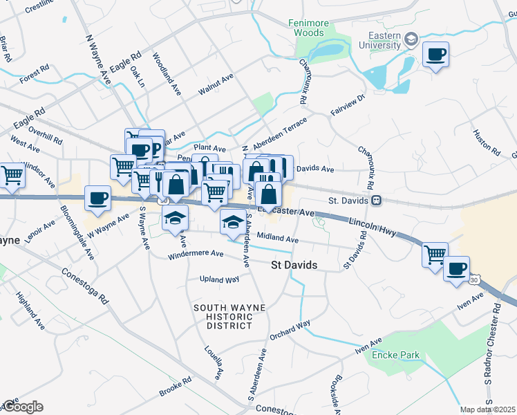 map of restaurants, bars, coffee shops, grocery stores, and more near 301 East Lancaster Avenue in Wayne