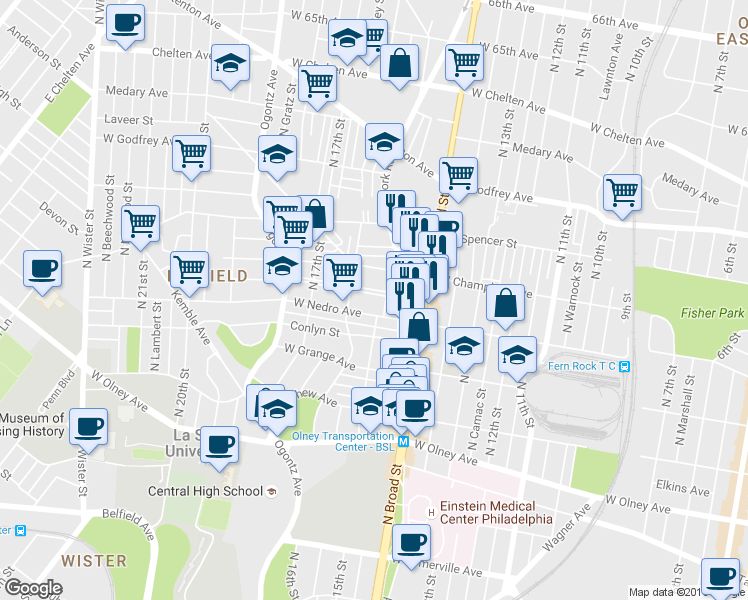 map of restaurants, bars, coffee shops, grocery stores, and more near 1508 Widener Place in Philadelphia