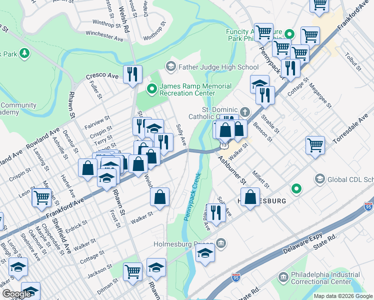 map of restaurants, bars, coffee shops, grocery stores, and more near Frankford Avenue & Solly Avenue in Philadelphia