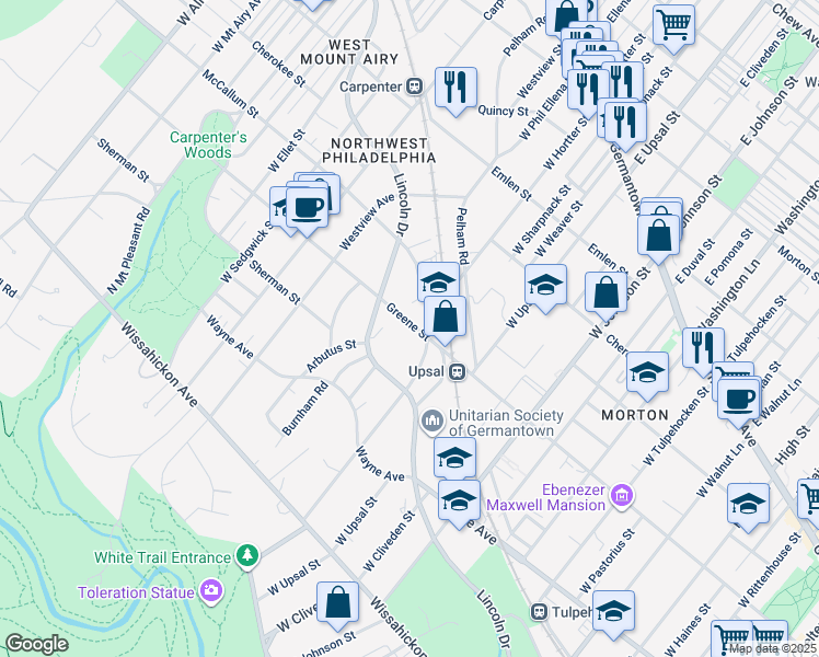 map of restaurants, bars, coffee shops, grocery stores, and more near 6622 Greene Street in Philadelphia