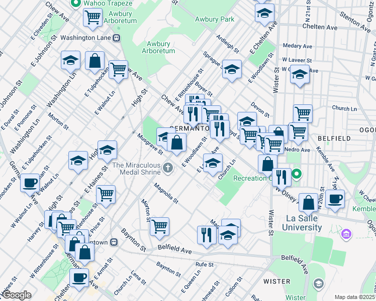 map of restaurants, bars, coffee shops, grocery stores, and more near 5646 McMahon Street in Philadelphia
