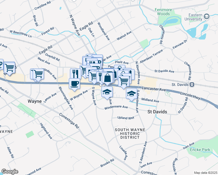 map of restaurants, bars, coffee shops, grocery stores, and more near 165 East Lancaster Avenue in Wayne