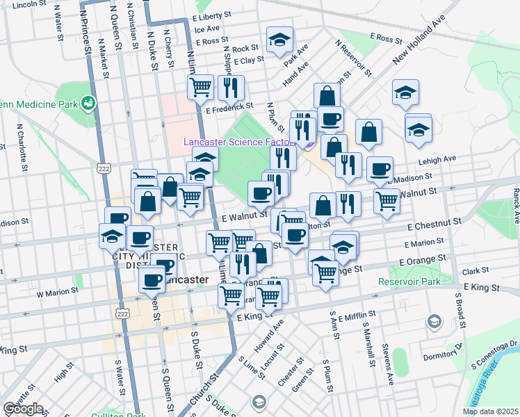 map of restaurants, bars, coffee shops, grocery stores, and more near 319 East Walnut Street in Lancaster