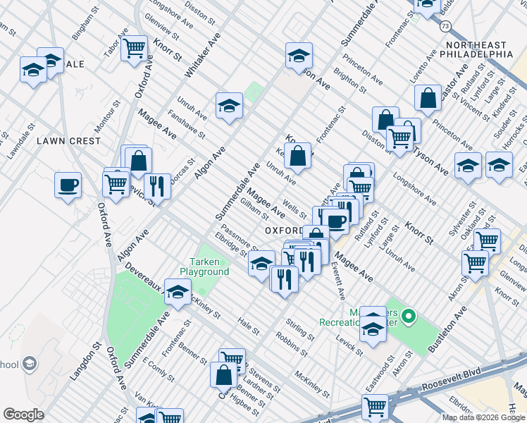 map of restaurants, bars, coffee shops, grocery stores, and more near 1237 Gilham Street in Philadelphia