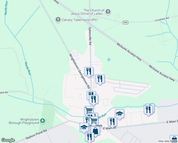 map of restaurants, bars, coffee shops, grocery stores, and more near 2 Elizabeth Street in Wrightstown