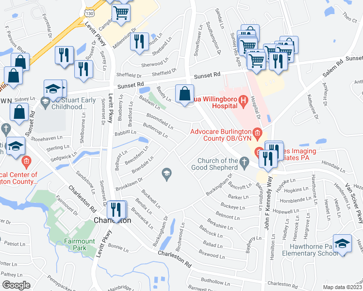 map of restaurants, bars, coffee shops, grocery stores, and more near 98 Brooklawn Dr in Willingboro Township