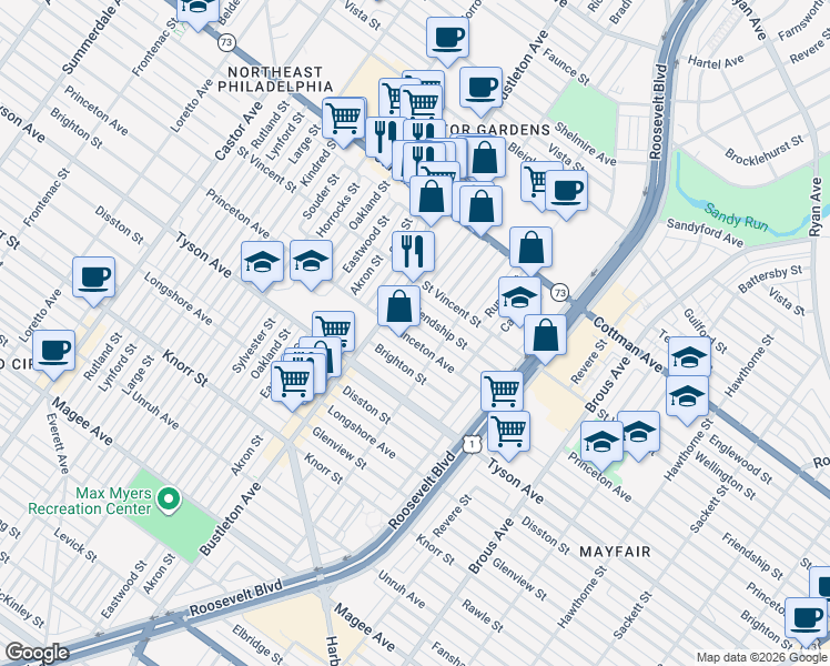 map of restaurants, bars, coffee shops, grocery stores, and more near 2146 Friendship Street in Philadelphia