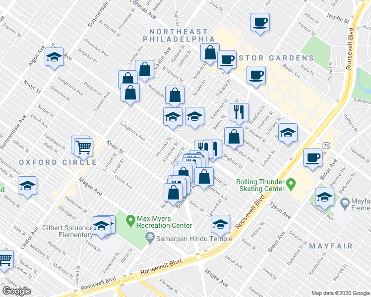 map of restaurants, bars, coffee shops, grocery stores, and more near 6931 Sylvester Street in Philadelphia