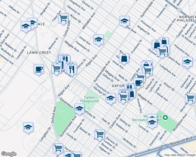 map of restaurants, bars, coffee shops, grocery stores, and more near 1201 Hellerman Street in Philadelphia