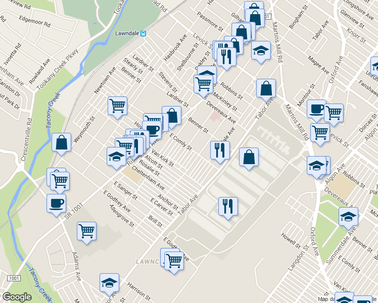 map of restaurants, bars, coffee shops, grocery stores, and more near 561 East Comly Street in Philadelphia