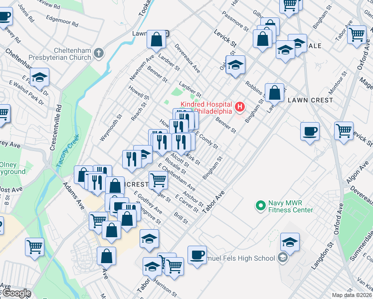 map of restaurants, bars, coffee shops, grocery stores, and more near 5918 Rising Sun Avenue in Philadelphia