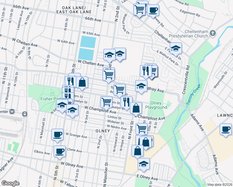 map of restaurants, bars, coffee shops, grocery stores, and more near 179 Rosemar Street in Philadelphia