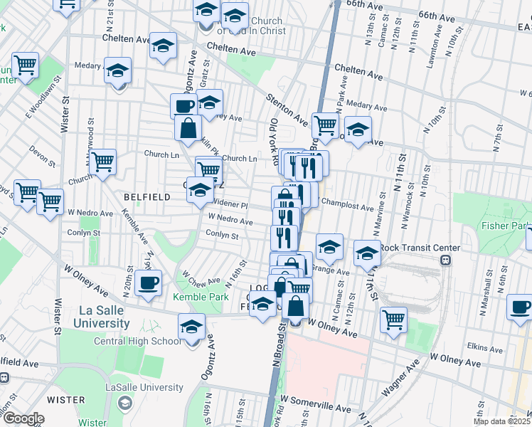 map of restaurants, bars, coffee shops, grocery stores, and more near 1501 Widener Place in Philadelphia