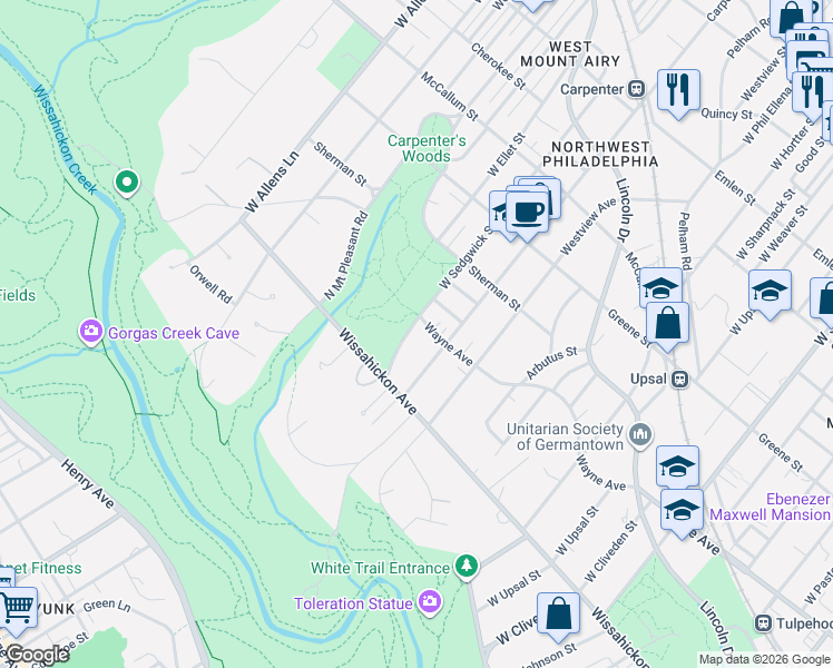 map of restaurants, bars, coffee shops, grocery stores, and more near 6909 Wayne Avenue in Philadelphia