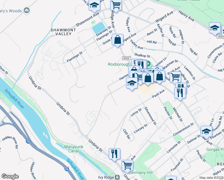 map of restaurants, bars, coffee shops, grocery stores, and more near 420 Harmon Road in Philadelphia