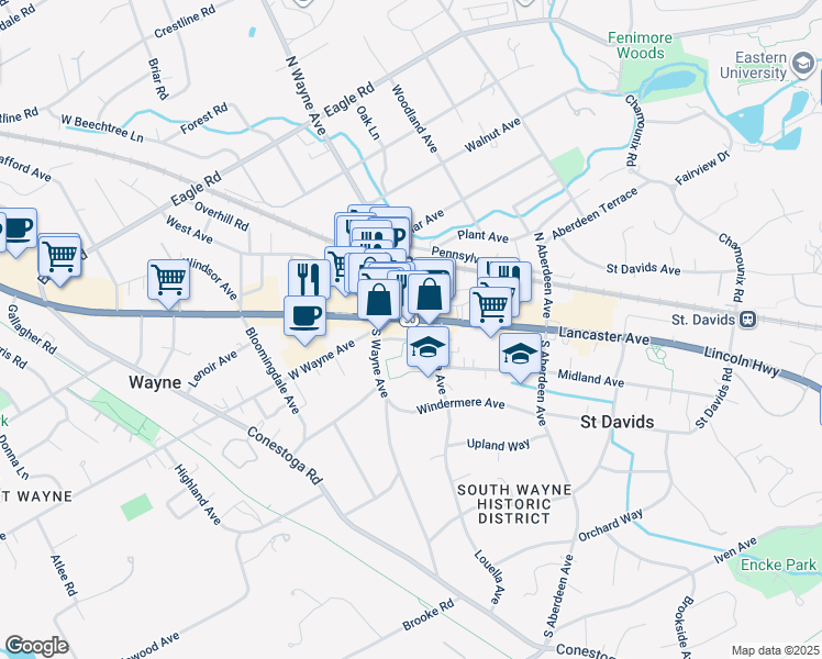 map of restaurants, bars, coffee shops, grocery stores, and more near 118 West Lancaster Avenue in Wayne