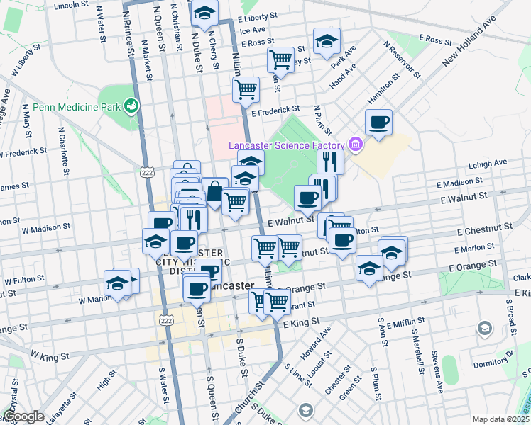 map of restaurants, bars, coffee shops, grocery stores, and more near 213 East Madison Street in Lancaster