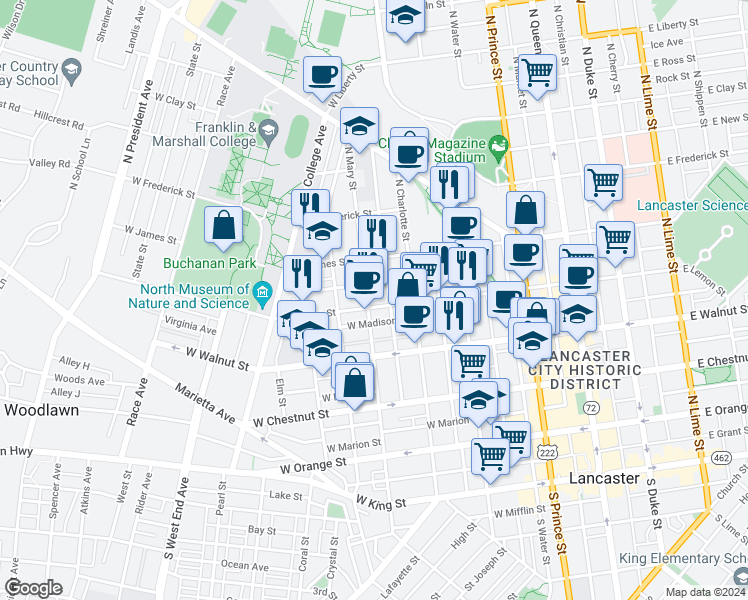 map of restaurants, bars, coffee shops, grocery stores, and more near 419 North Mary Street in Lancaster
