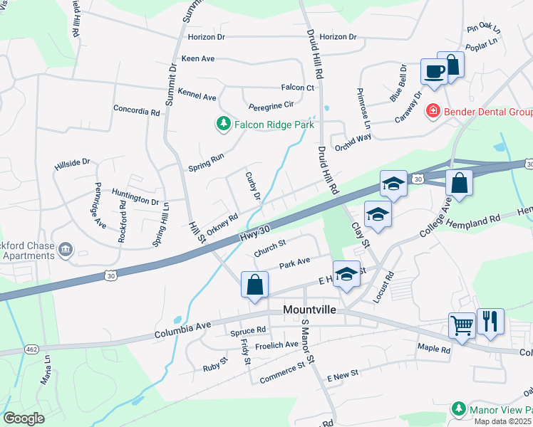 map of restaurants, bars, coffee shops, grocery stores, and more near 3653 Orkney Road in Mountville