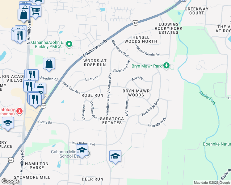 map of restaurants, bars, coffee shops, grocery stores, and more near 763 Dark Star Avenue in Columbus