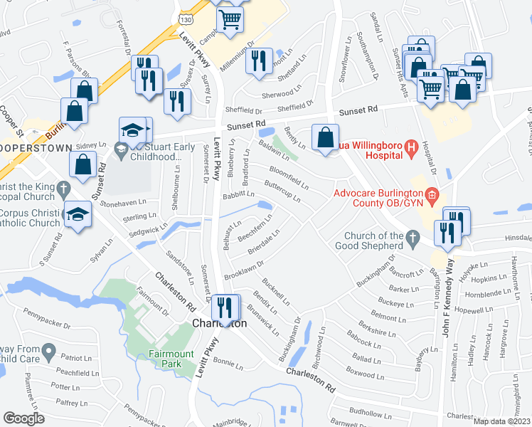 map of restaurants, bars, coffee shops, grocery stores, and more near 45 Beechfern Lane in Willingboro