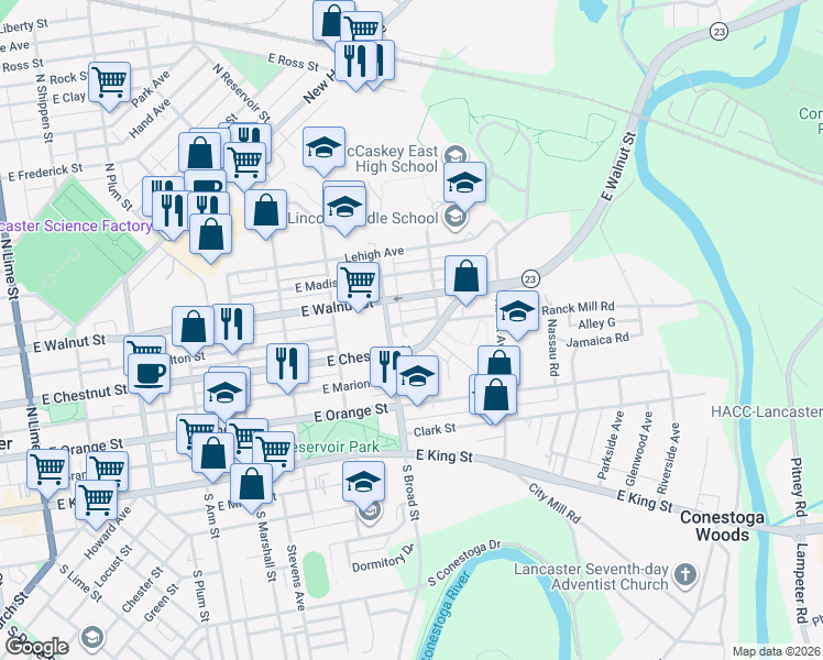 map of restaurants, bars, coffee shops, grocery stores, and more near 923 East Fulton Street in Lancaster