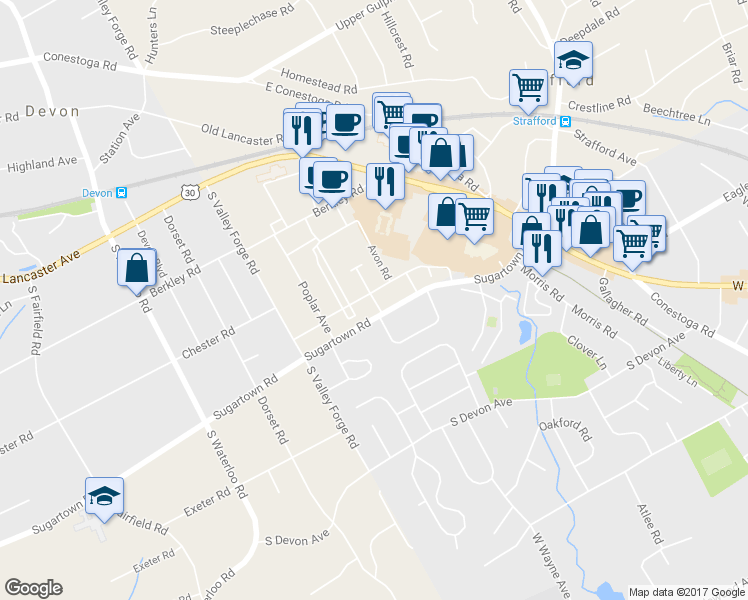 map of restaurants, bars, coffee shops, grocery stores, and more near 344 Avon Road in Devon