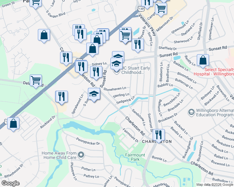 map of restaurants, bars, coffee shops, grocery stores, and more near 22 Stonehaven Lane in Willingboro