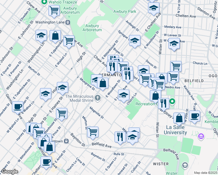 map of restaurants, bars, coffee shops, grocery stores, and more near 5646 McMahon Street in Philadelphia