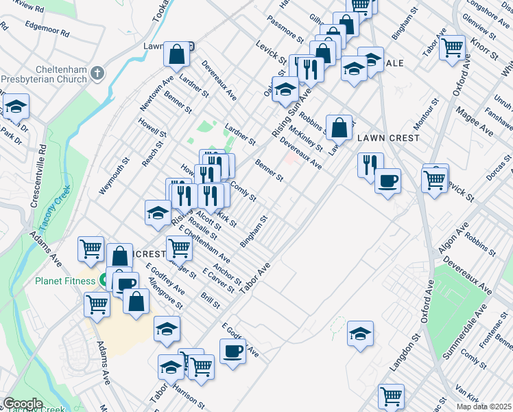 map of restaurants, bars, coffee shops, grocery stores, and more near 5964 Elsinore Street in Philadelphia