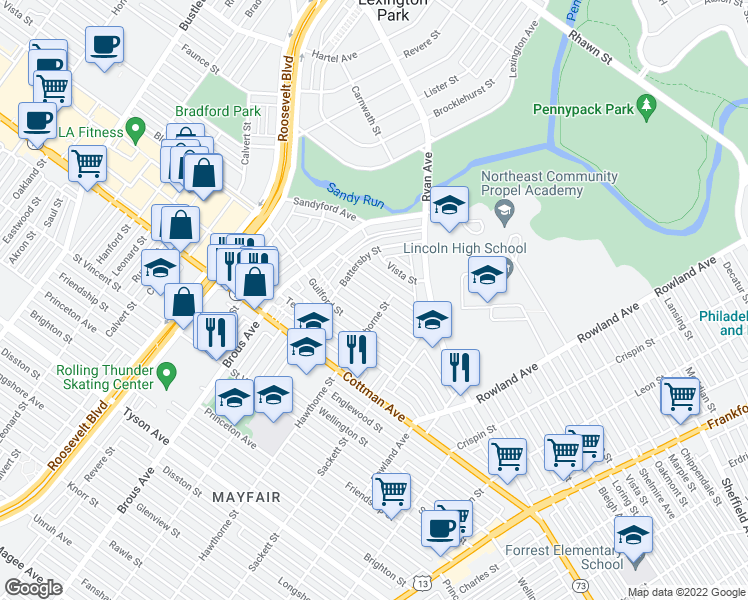 map of restaurants, bars, coffee shops, grocery stores, and more near 3031 Windish Street in Philadelphia